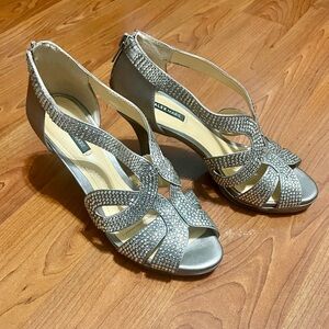 Alex Marie Rhinestone Bejeweled Silver Strappy Open Toe Pumps Heels Dress Shoes